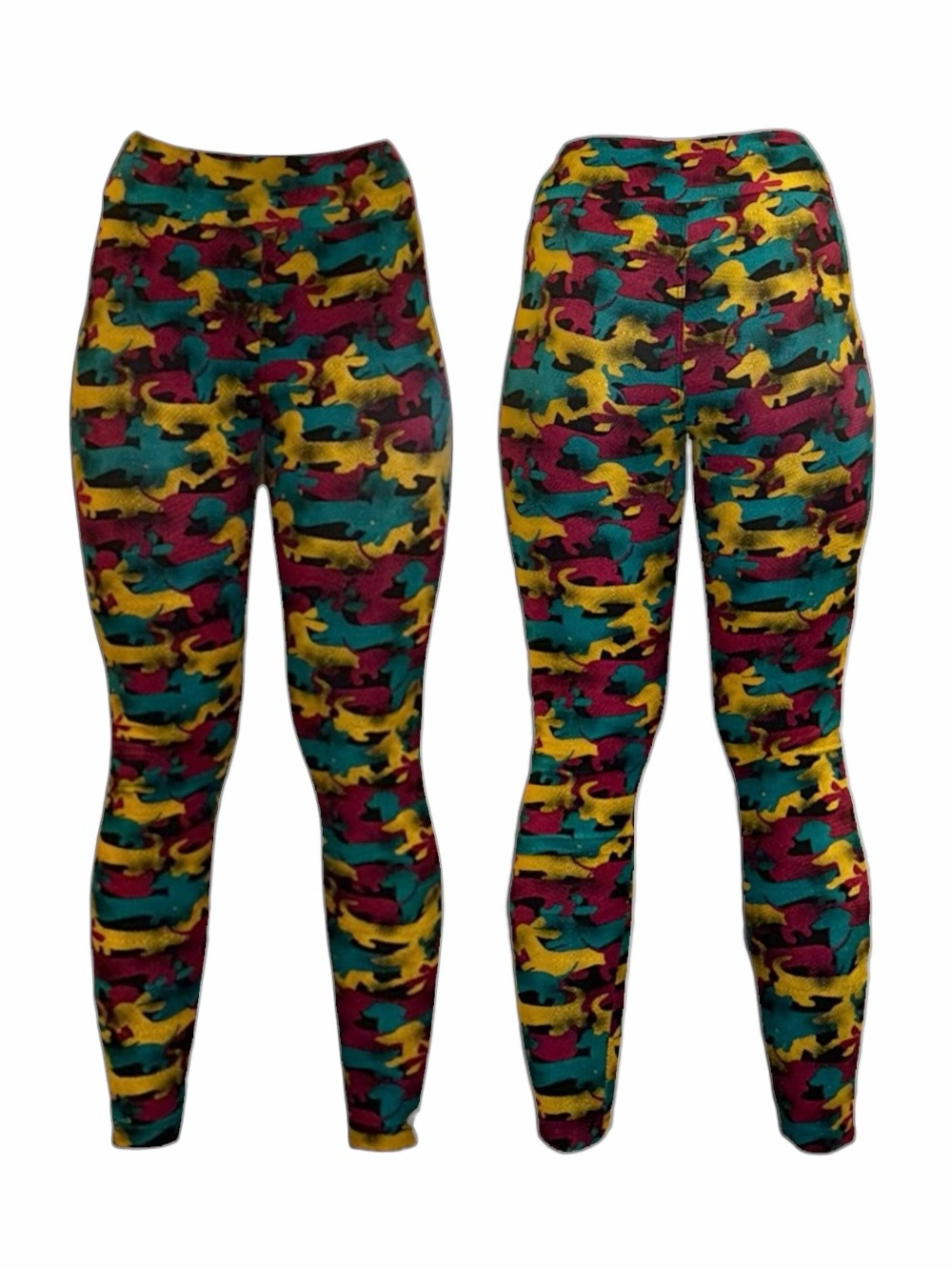 LuLaRoe Dachshund Leggings in Teal, Mustard & Burgundy